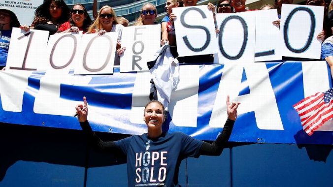 Hope Solo and fans after her 100th shutout, a 1-0 victory over South Africa on July 9, 2016, at Soldier Field in Chicago. (Nam Y. Huh/AP)